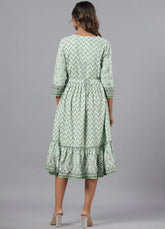 Women Sage Green Rayon Printed Jacket Style Midi Dress